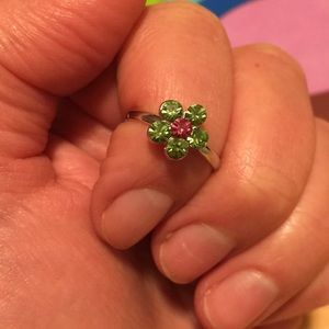 RARE Daisy Ring Genuine Austrian Crystal Green Petals w/ Pink Center Cookie Lee